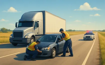 Illustration of a semi and passenger car crash on a rural highway with responders assisting near the vehicles.
