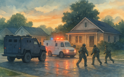 Armored vehicles and SWAT-style responders on a suburban street during a tense police standoff