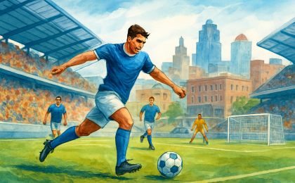 Illustration showing a Kansas City–style soccer match with a forward sprinting toward goal and teammates and fans in the background.