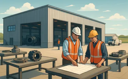 Illustration of an industrial workshop preparing for new operations, with workers and machinery parts near a large metal facility.