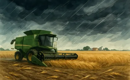 A wheat combine rests in a muddy field as a severe storm passes overhead
