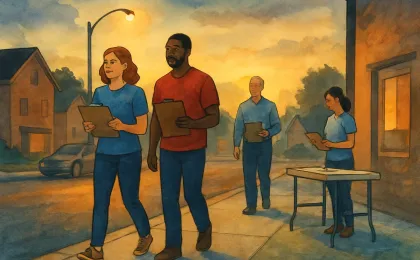 Volunteers conduct a community outreach walk near a city street at dusk with an information table nearby.