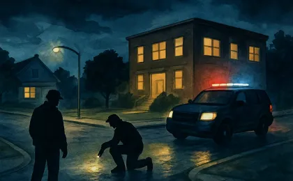 Nighttime illustration of investigators and vehicles near a hospital at the edge of a quiet residential street, suggesting an active shooting investigation.