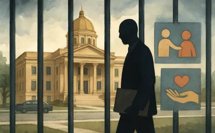 Courthouse and prison-bar symbolism alongside victim-support and children’s advocacy themes