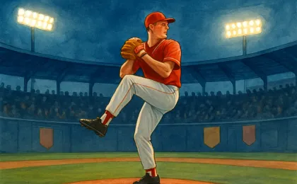 Illustration of a softball pitcher in mid-throw on a lit field with an audience in the background.