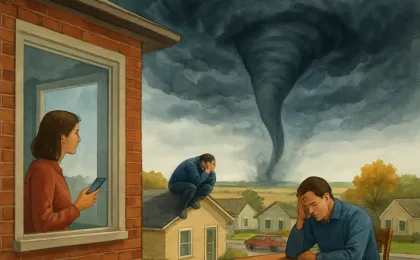 People taking shelter as dark storm clouds move over a small Kansas town and surrounding farmland.