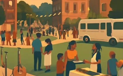 Illustration of a downtown park Juneteenth celebration with a stage, food vendors, and buses for history tours