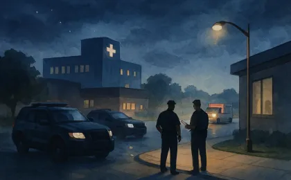 Nighttime illustration showing investigators and emergency vehicles near a parking lot after a shooting.