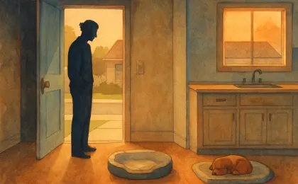 An illustration of a west Salina home kitchen at dawn with an open door and missing puppy bedding areas
