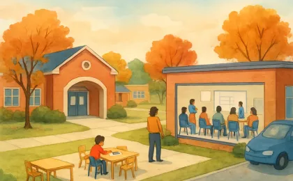 Illustration of families meeting at a school campus and preparation for a new pre-kindergarten program.