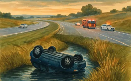 Illustration of an interstate crash scene with an SUV overturned and submerged near a creek embankment.