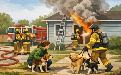 Illustration of firefighters rescuing dogs near a house fire.