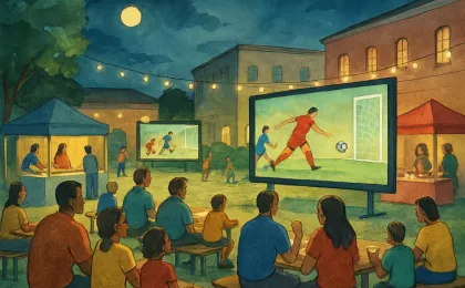 Community watch party at a local center with families, food vendors, and youth soccer.