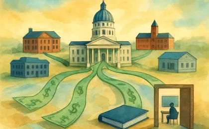 An illustration of Kansas government and university campuses connected by a split money ribbon representing restored higher-education funding.
