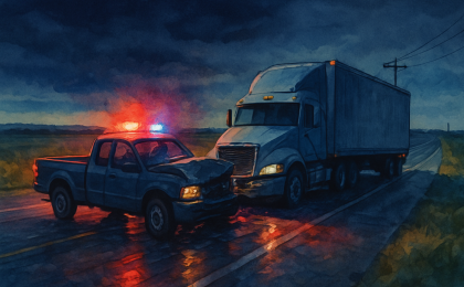 Highway scene at night showing a damaged pickup and a semi after a head-on collision under emergency light reflections.