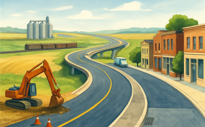 Illustration of construction and infrastructure improvements across a Kansas town and roadway system, with freight and flood-protection elements represented visually.