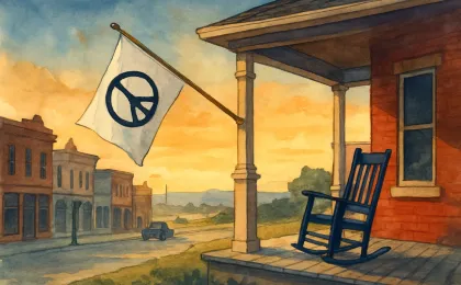 A small-town Kansas porch at dusk with a peace-flag motif and layered silhouettes implying historical reflection and civic renewal.