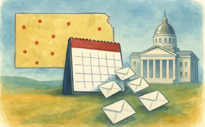 A Kansas map with flowing donation envelopes toward a courthouse and a calendar marking an upcoming filing deadline.