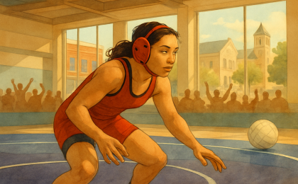 Illustration of a young wrestler celebrating on a mat next to a volleyball in a gym setting