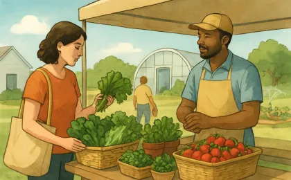 A shopper and vendor reviewing leafy greens at a community farmers market next to a garden and watering setup.