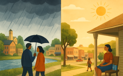 Artist’s illustration of afternoon storms over Kansas City transitioning into a hot, sunny stretch with reminders to rest and stay hydrated.