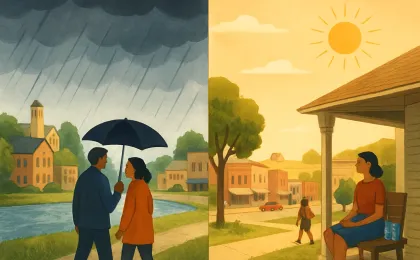 Artist’s illustration of afternoon storms over Kansas City transitioning into a hot, sunny stretch with reminders to rest and stay hydrated.
