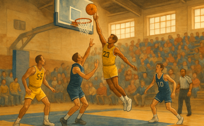 Illustration of a basketball alley-oop moment on an indoor court with a lively arena setting.