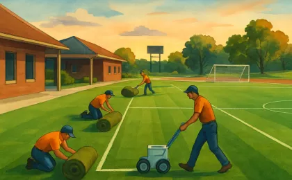 Illustration of college soccer fields and fresh turf being readied at a park in a Kansas town
