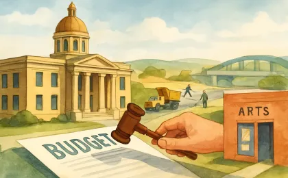 Drawing of a county courthouse and an arts center alongside road-and-bridge construction activity, representing a budget funding change.