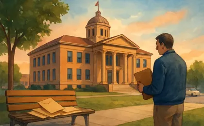 Illustration of a county courthouse exterior with court paperwork and a citizen preparing for proceedings