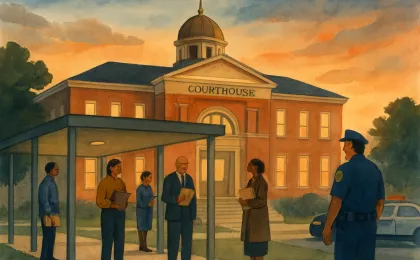 A courthouse scene with people waiting and court paperwork in hand at dusk