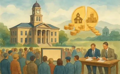 Illustration showing an Allen County courthouse and officials reviewing documents while money recovery symbols flow to schools and local governments.