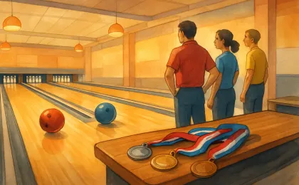 Warm, friendly bowling alley scene with rolling balls toward pins and medals on a bench, representing Special Olympics competition.