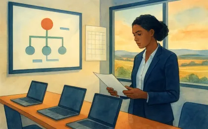An illustrated online training scene with laptops, a study roadmap on a screen, and a window view of Kansas prairie hills at dusk.