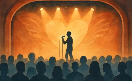 Warmly lit theater stage scene with a singer silhouette and an attentive crowd facing forward.
