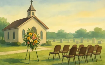 A peaceful memorial illustration with flowers, a house of worship, and an implied cemetery setting.