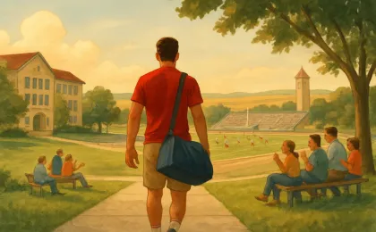 A young college-bound athlete walking toward a campus with community supporters nearby in a prairie setting.