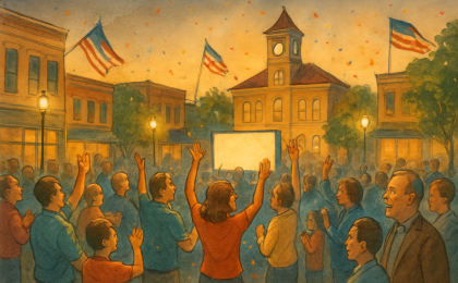 Crowd at a downtown Kansas plaza reacting together during an intense soccer semifinal watch party