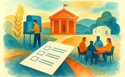 A ballot casting scene with a courthouse silhouette and a commission table representing Kansas Supreme Court selection options.
