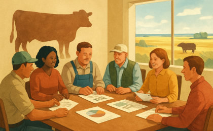 People in a meeting room collaborate to review agriculture funding for beef demand research and promotion.