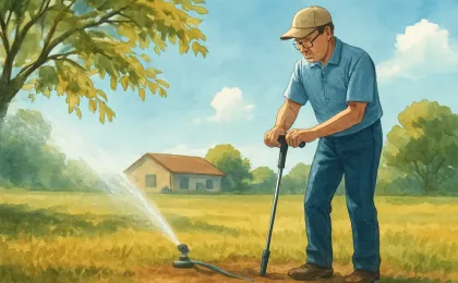 Illustration of a soil probe checking moisture next to a lawn under midday heat, with a light sprinkler mist and a stressed tree canopy in the background.