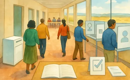 Illustration of a Kansas polling place with accessible voting booths, a ballot drop box, and voters checking in before casting ballots.