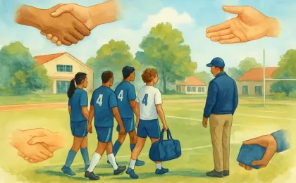 Student-athletes and a coach on a campus sports field, with visual cues of teamwork, respect, and servant leadership.
