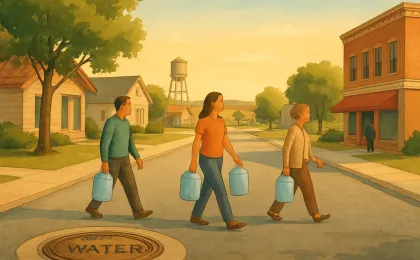 An editorial illustration showing a calm neighborhood after a water safety advisory is lifted, with residents and a visible water main access point.