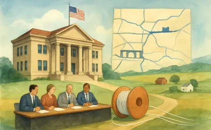 Illustration showing a rural county government meeting beside infrastructure planning elements like roads, bridges, and fiber-optic cable connections.