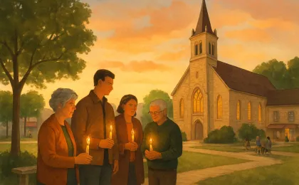 Community members gather outside a church for a respectful celebration of life