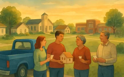 A community-focused illustration of a truck prize supporting housing and services near a small neighborhood.