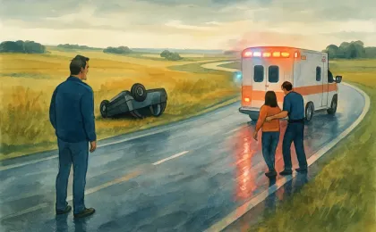 Artist’s illustration of an overturned car on a rural highway ramp with responders nearby