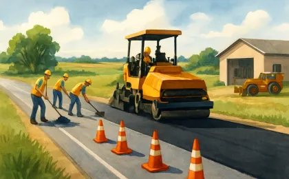 Illustration of a rural road paving operation with a paving machine and road crew along a county highway.
