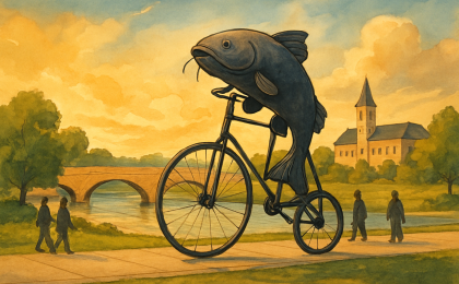 Whimsical restored catfish sculpture on a bike displayed near a park bridge with warm light and calm after a storm.